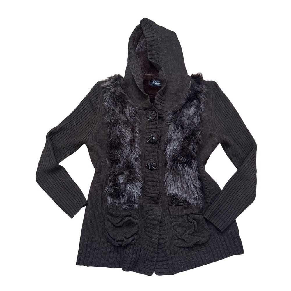 Chocolate Brown Faux Fur Trim Hooded Knit Cardigan Sweater Vintage XL y2k‎